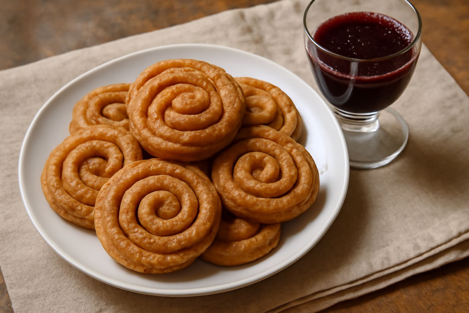 Un bicchiere di mosto d'uva rosso scuro e denso, leggermente torbido, con sfondo di acini d'uva nera appena pigiati in una bacinella di legno, e una pressa a vite sullo sfondo