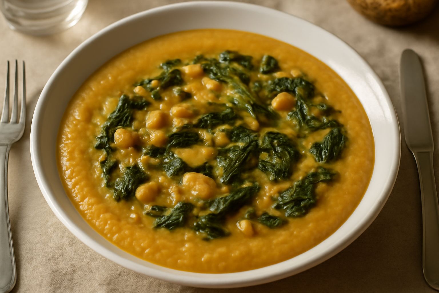 Ciotola di ceramica bianca con favata densa color ocra, servita con filo d'olio d'oliva, accanto pane tostato e un cucchiaio di legno su tavolo in pietra grigia