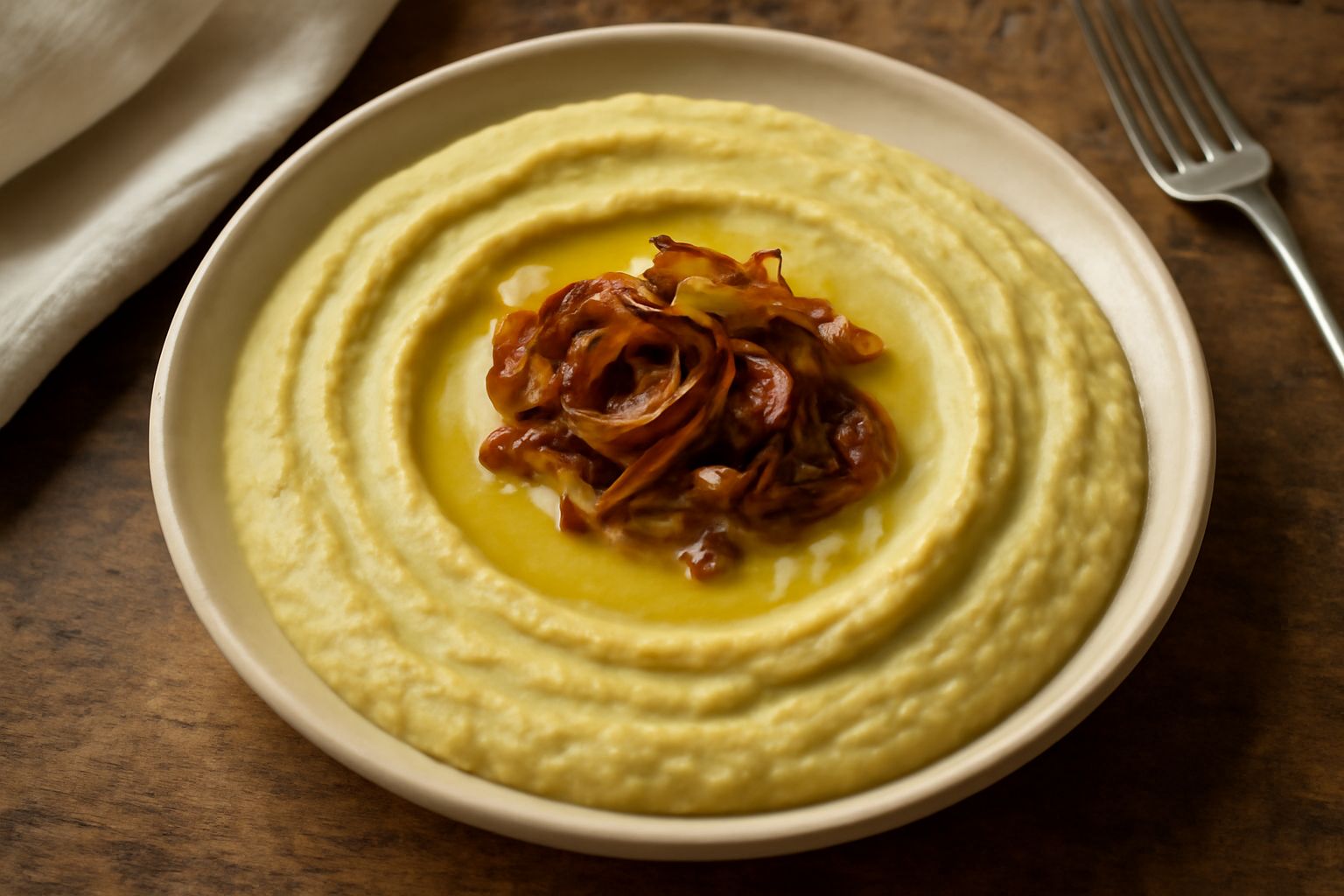 Purè di fave giallo-verde cremoso in ciotola di ceramica, condito con filo di olio extravergine, cipolla dorata e pepe nero macinato