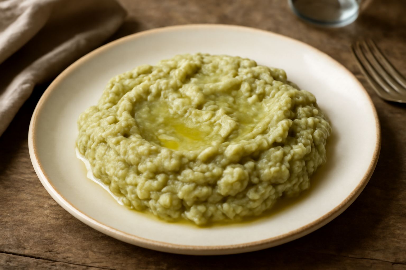 Piatto bianco con fave verdi sbucciate cotte, cremose e brillanti, condite con olio d'oliva scuro e aglio, guarnite con pepe nero macinato al momento, poggiato su un tavolo di legno scuro
