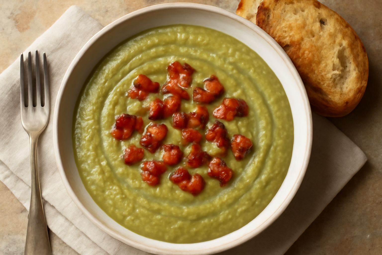 Piatto di ceramica bianca con fave alla marchigiana di colore verde salvia, cremose e vellutate, con pezzetti di pancetta dorata in superficie, guarnite con una foglia di menta fresca, contorno di pan