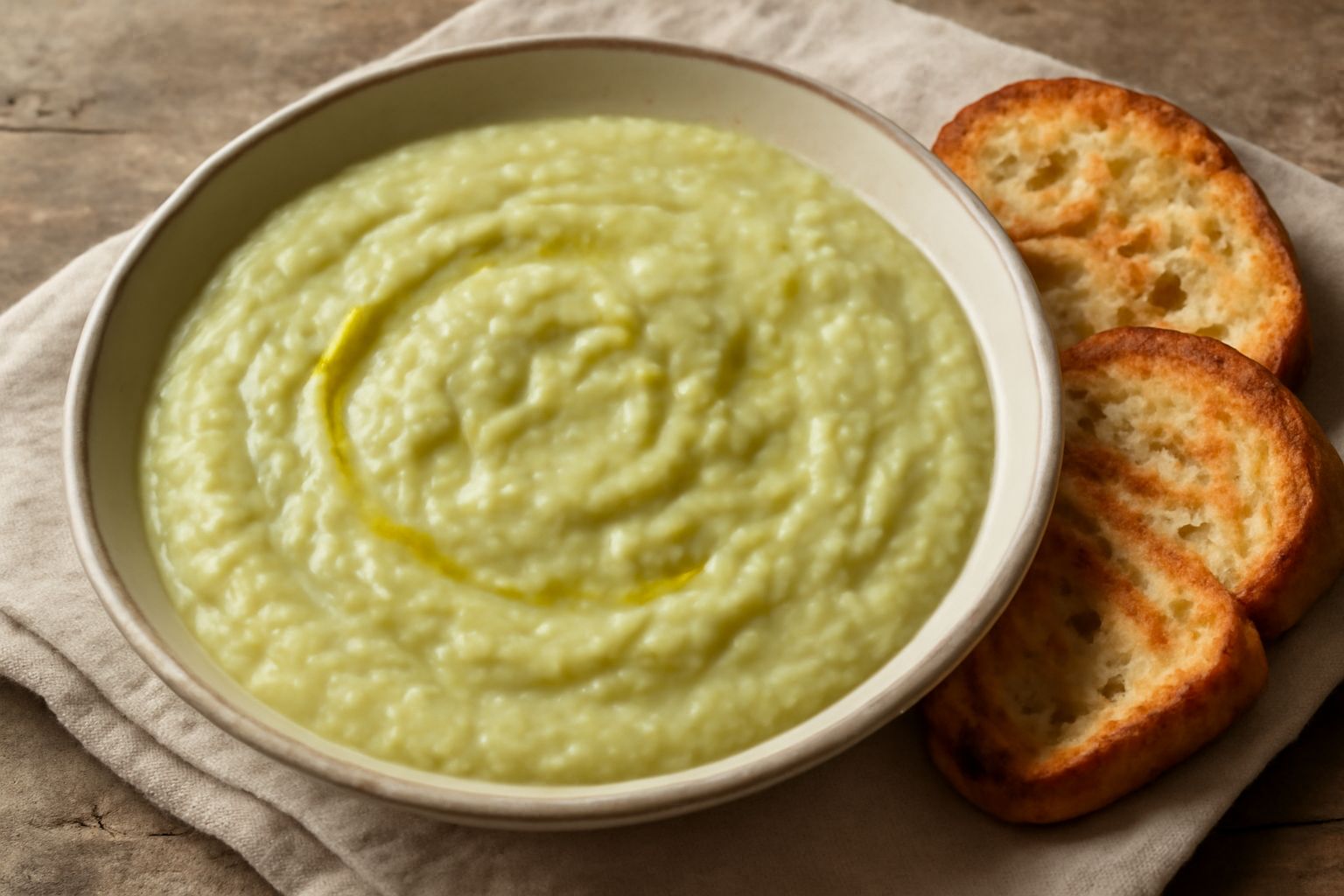 Un piatto fondo bianco con fave ridotte a purè di colore verde pallido, solchi di olio rimasto in superficie, cipolla cotta amalgamata nella crema, servito tiepido con fette di pane tostato accanto