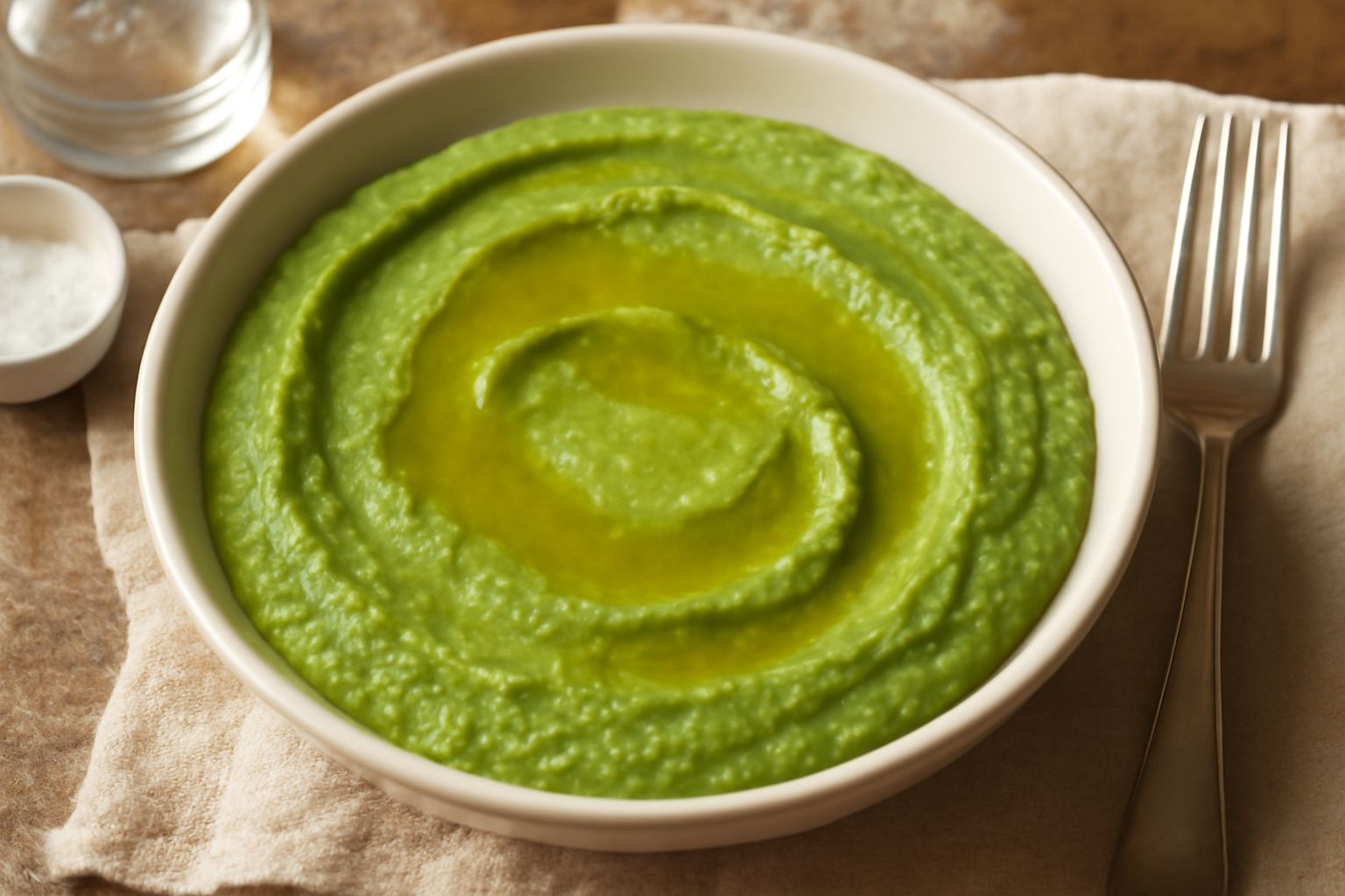 Ciotola di purea di fave color verde smeraldo, vellutato, guarnito con filo di olio extravergine, foglia di menta fresca e crostini di pane tostato ai lati