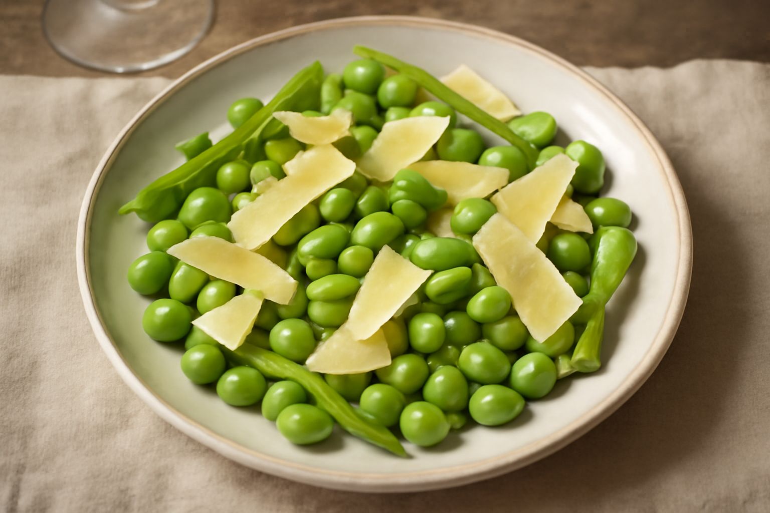 Piatto bianco con fave verdi appena sgusciate, croccanti e intere, alternate a scaglie sottili di formaggio giallo paglierino, guarnito con foglie di menta fresca e un pizzico di pepe nero.