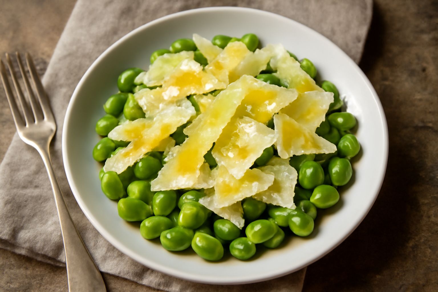 Fave verdi sgusciate crude disposte in un piatto bianco, coperte di scaglie di pecorino romano giallo pallido, condite con olio dorato e granelli di sale marino grosso