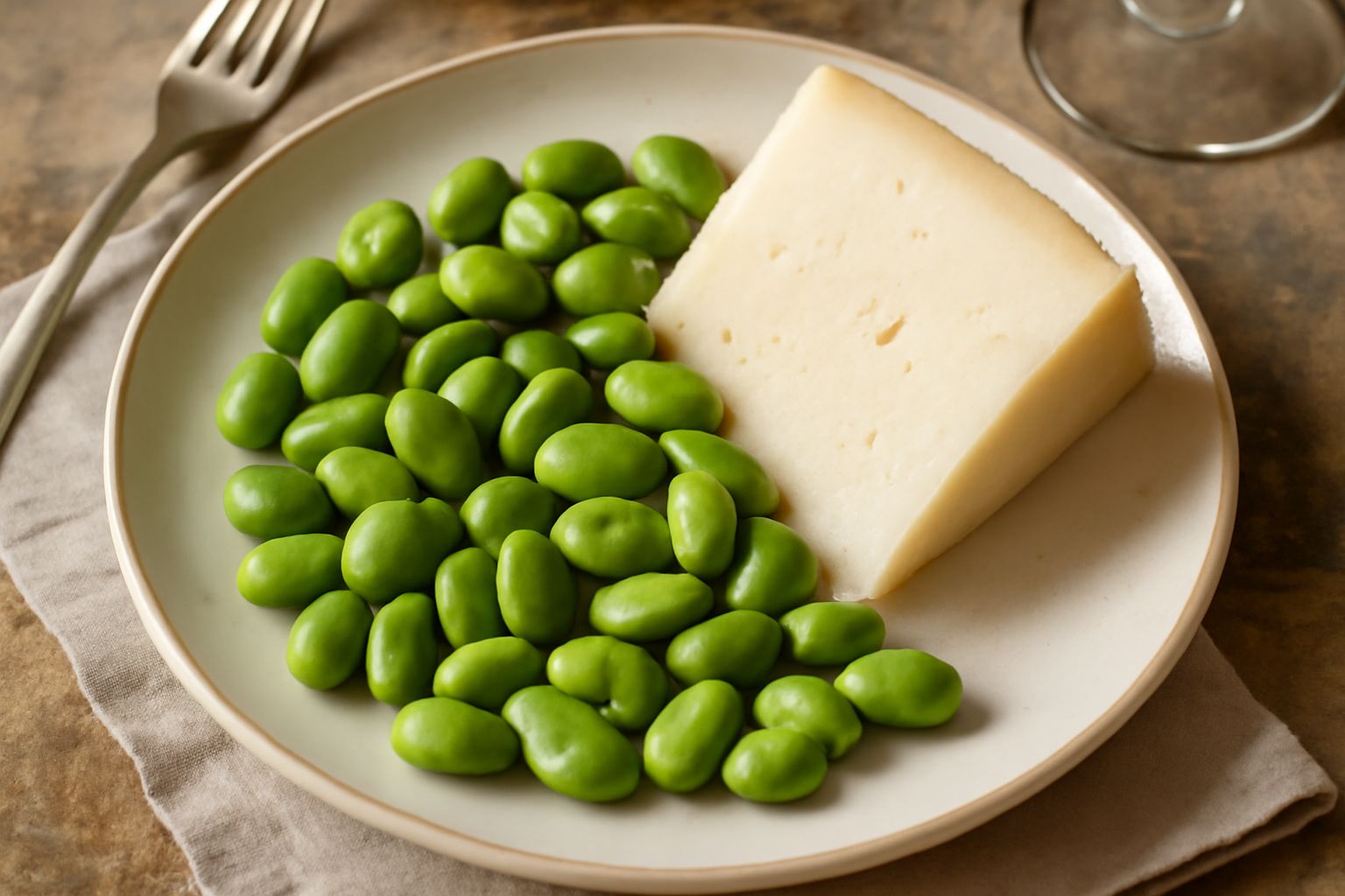 Fave crude sgusciate di color verde brillante in un piatto bianco con scaglie di pecorino fresco e un filo d'olio extravergine, su sfondo di legno naturale