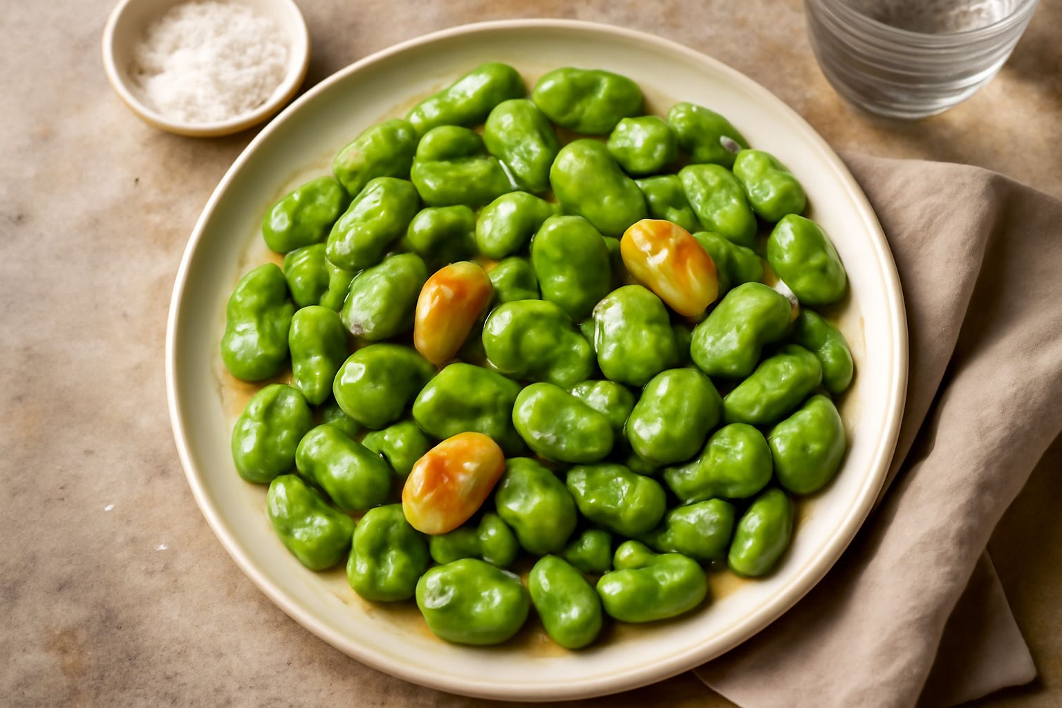 Padella in ghisa nera con fave fresche verde brillante saltate, aglio dorato, gocce di olio lucido sulla superficie, servite in piatto bianco con prezzemolo fresco