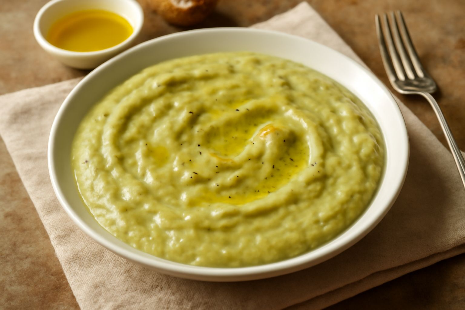 Ciotola di fave secche ammollate cotte di colore verde pallido, cremose, condite con olio d'oliva e pepe nero, servite in un piatto bianco con fette di pane tostato accanto
