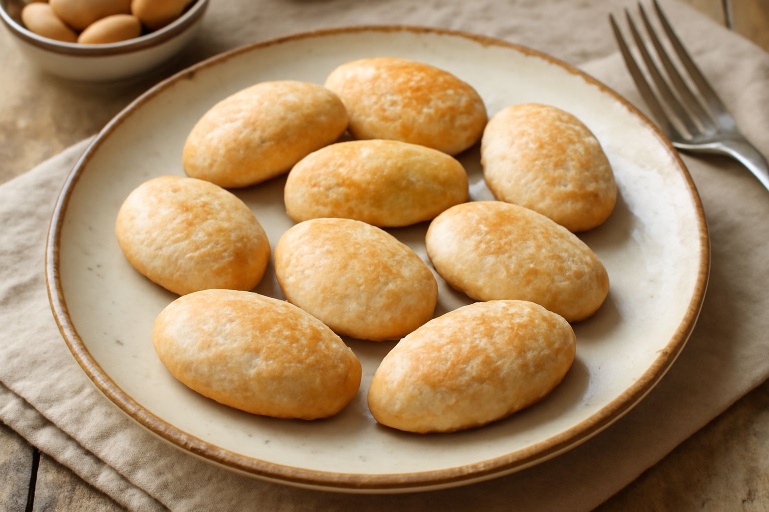 Fave dolci dorate a forma di fava, disposte su un piatto bianco, con superficie liscia e brillante, leggera mandorlatura visibile, sfondo neutro