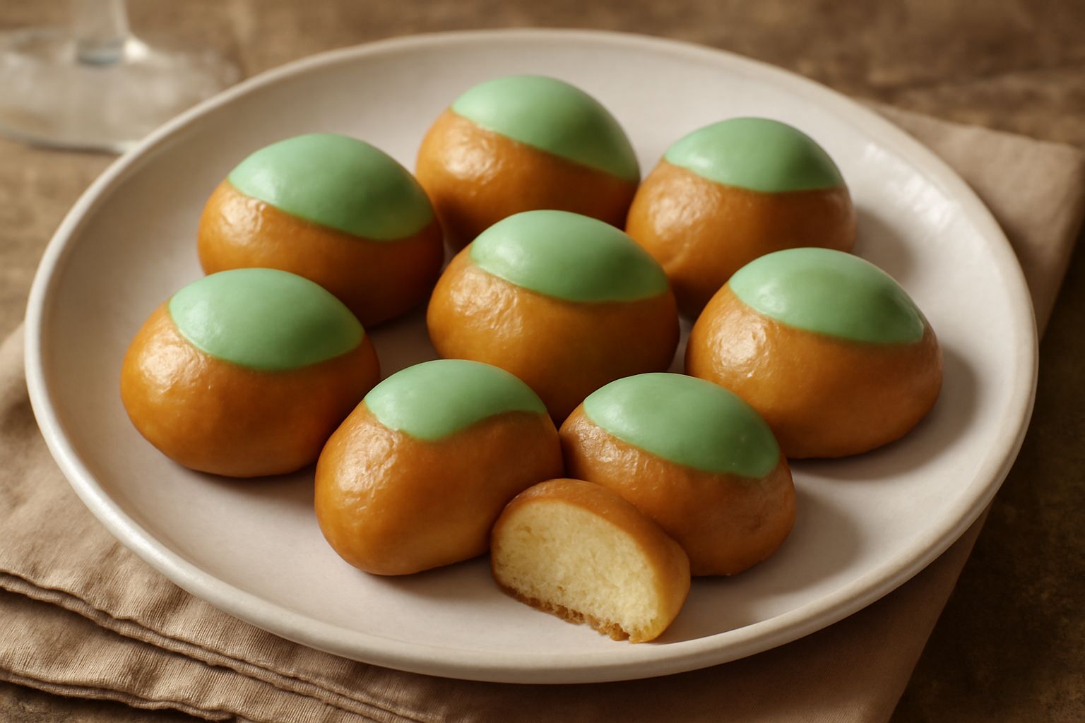 Fave dolci dorate a forma di fava, disposte su un piatto bianco, con glassa verde menta in cima e mandorle visibili nella pasta
