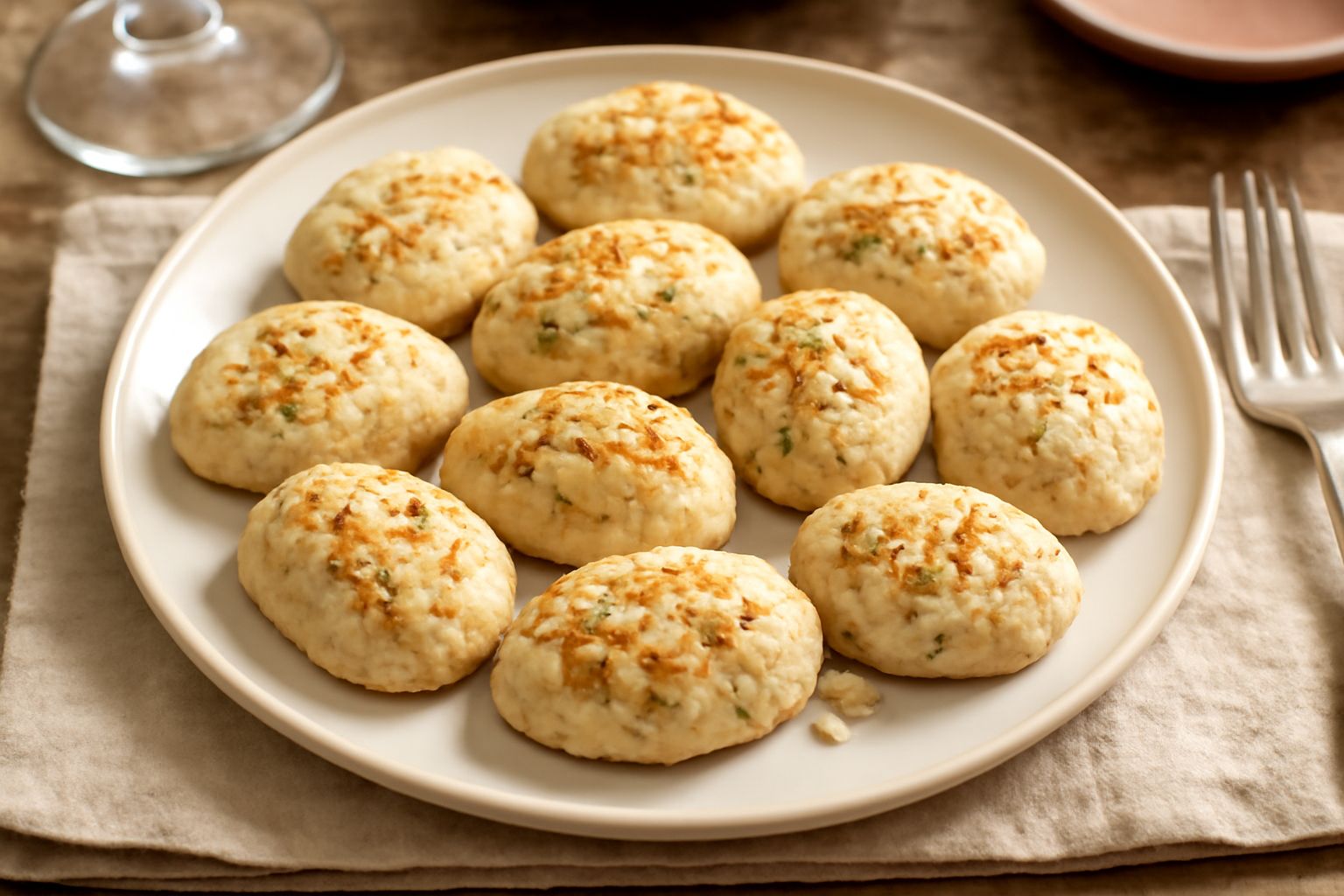 Biscotti color avorio a forma di piccoli ovuli disposti su piatto di ceramica bianca, ricoperti di mandorle lamellate dorate e frammenti di pistacchio, con sfondo di farina di fave sparse e una tazza 