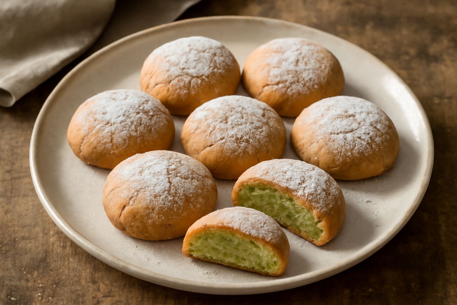 Fave dolci di Sant'Antimo coperte di pasta frolla croccante dorata, tagliate a metà per mostrare il ripieno giallo-verde di fave, disposte su piatto bianco con una spruzzata di zucchero a velo