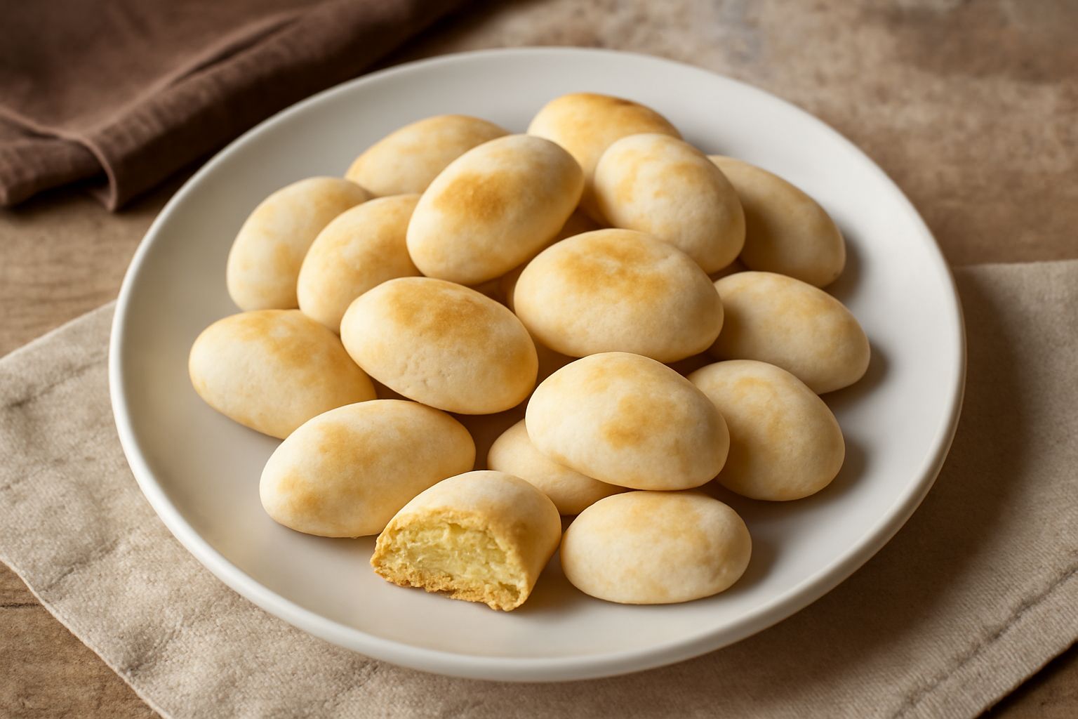 Fave dolci di Siena disposte su un piatto bianco: dolcetti ovali color avorio con sfumature dorate, leggermente lucidi, ammassati in gruppo su superficie piana