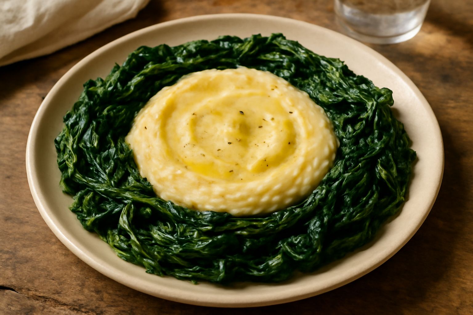 Piatto bianco con purea di fave giallo-verde al centro, chicoria bollita di colore verde scuro disposta attorno, condita con olio d'oliva lucido e pepe nero macinato, contorno sfumato su tela rustica