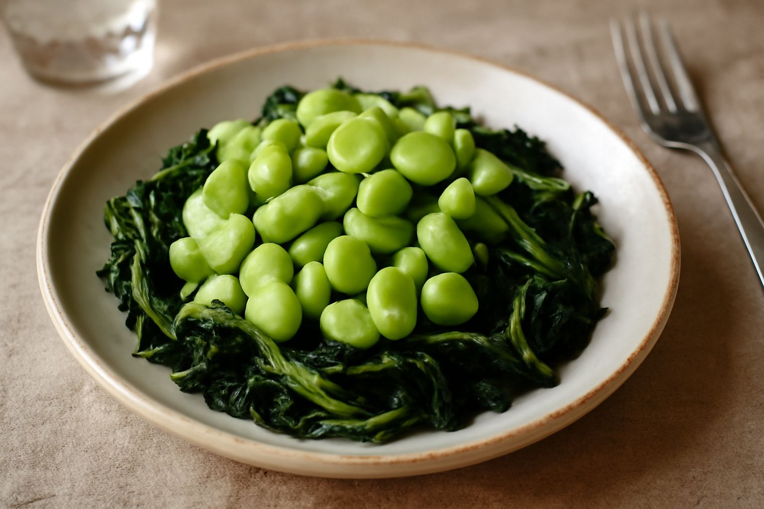 Piatto bianco con fave sbucciate color verde chiaro e cicoria ripassata di un verde scuro brillante, condite con olio e pepe, su sfondo di legno naturale