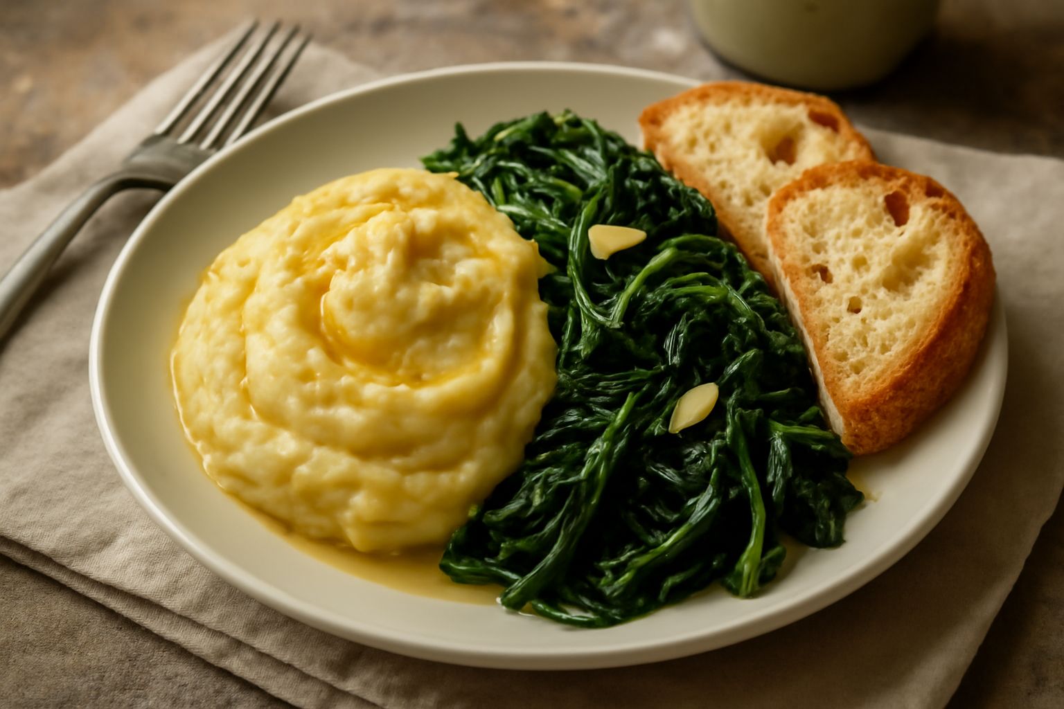 Piatto bianco con fave gialle pallido cremose, cicoria verde scuro saltata, pane tostato color nocciola disposto a lato, filet di olio verde oliva visibile sulla superficie, su tavolo in legno chiaro