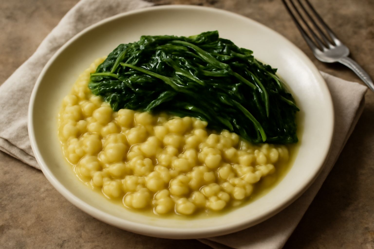Piatto bianco con fave giallo-verdi leggermente schiacciate al centro, coperte da cicoria lessa verde scuro, con un filo di olio d'oliva dorato in superficie e una spruzzata di pepe nero