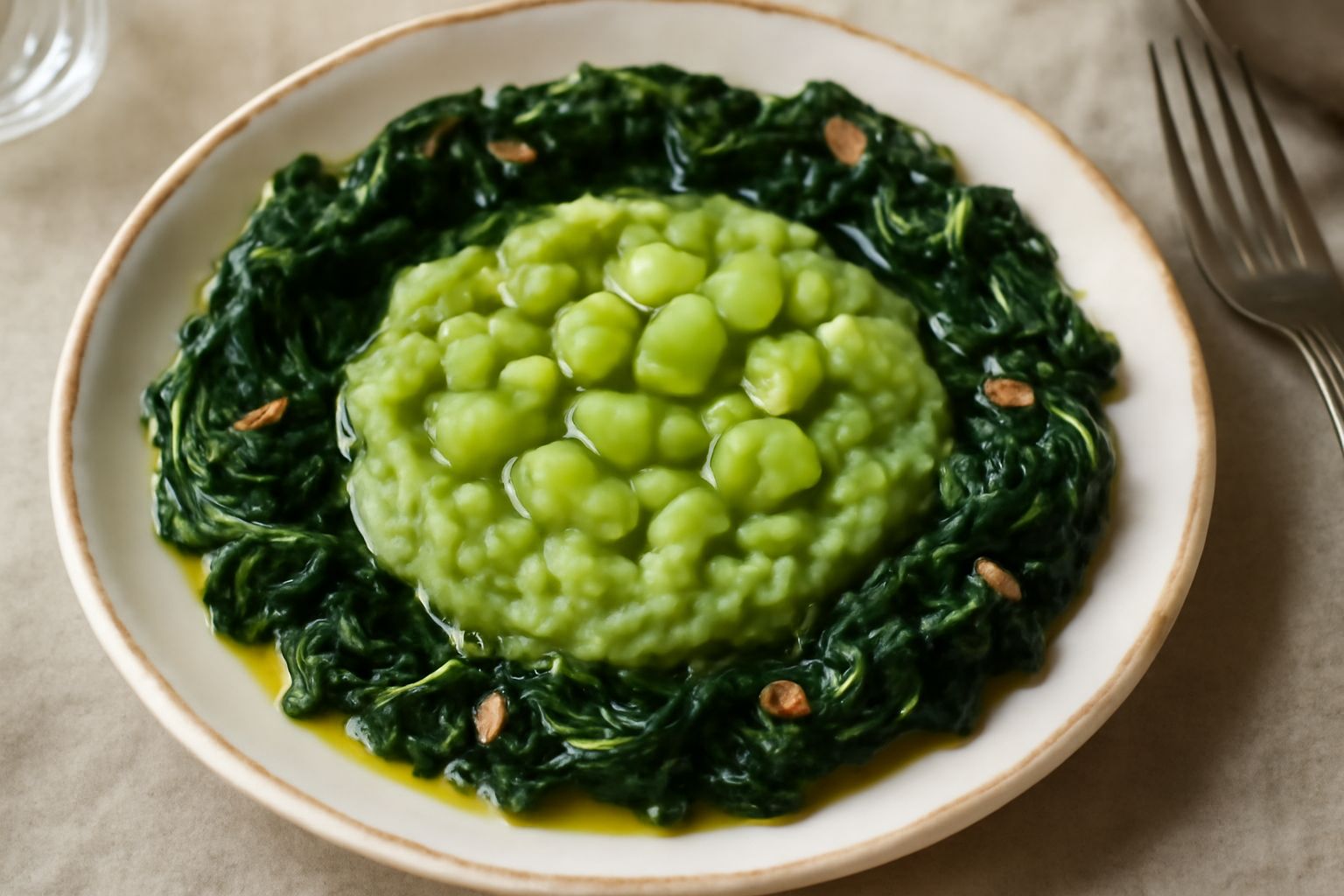 Piatto bianco con fave verdi cremose al centro e cicoria scura ripassata intorno, condite con olio verde oliva, guarnite di aglio tagliato, su sfondo di legno chiaro
