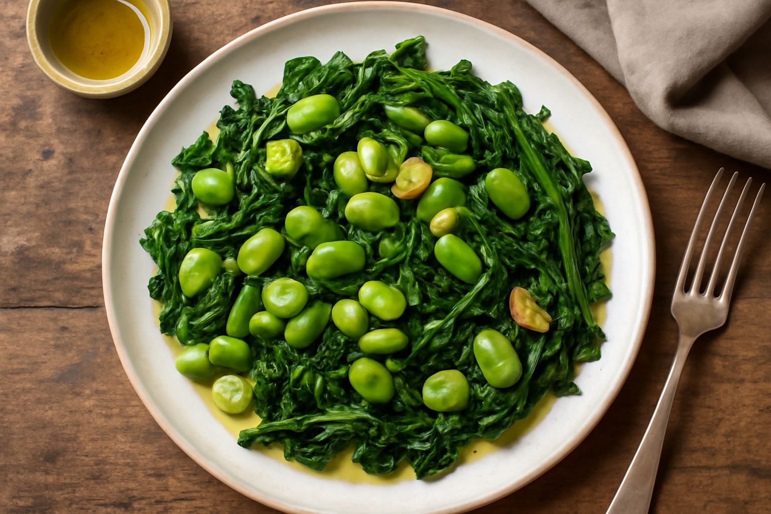 Piatto bianco con fave sbucciate di colore verde brillante e cicoria tagliata saltate in padella, condite di olio d'oliva, con due spicchi d'aglio dorato ai bordi