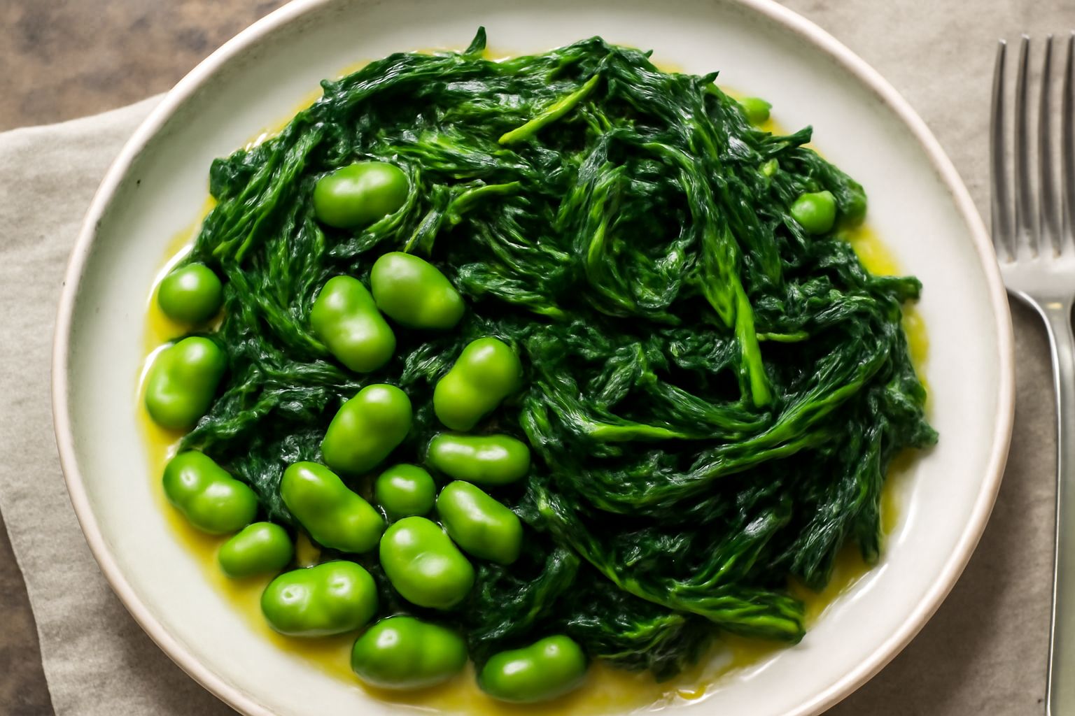 Piatto bianco con fave verdi fresche e cicoria selvatica saltata in padella, condite con olio d'oliva, decorato con uno spicchio d'aglio e pepe nero macinato fresco