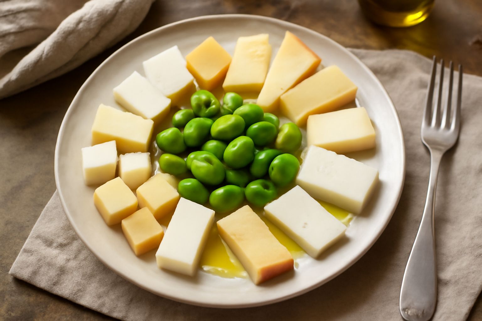 Piatto bianco con fave verdi fresche sgusciate, cubetti di formaggio giallo pallido e fettine sottili di pecorino, olio extravergine in superficie, pane tostato ai lati