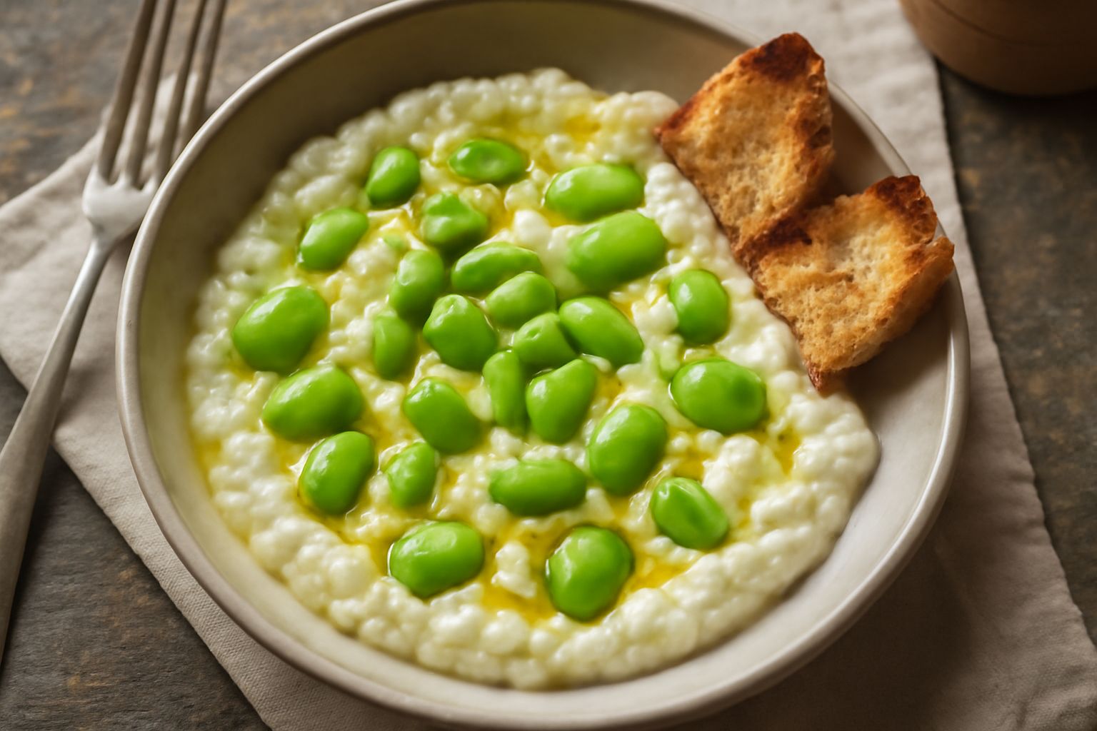 Piatto bianco con fave verdi chiare sbucciate, mescolate a formaggio cremoso di colore bianco panna, olio d'oliva lucente in superficie, crostini di pane tostato ai lati