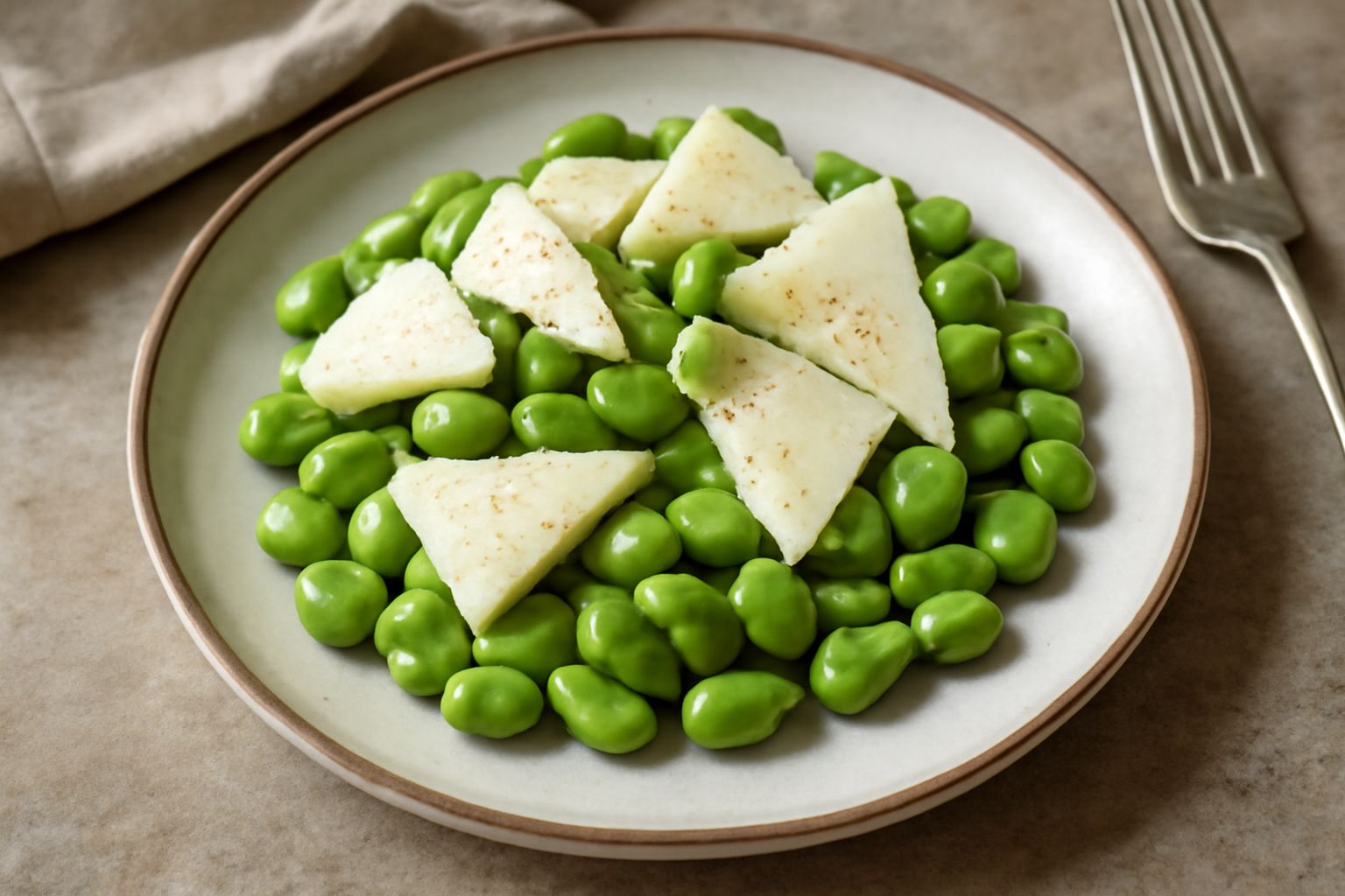 Fave fresche sgusciate in una ciotola di ceramica bianca con scaglie di pecorino giallo oro sparse sopra, un filo di olio verde e pane tostato a lato