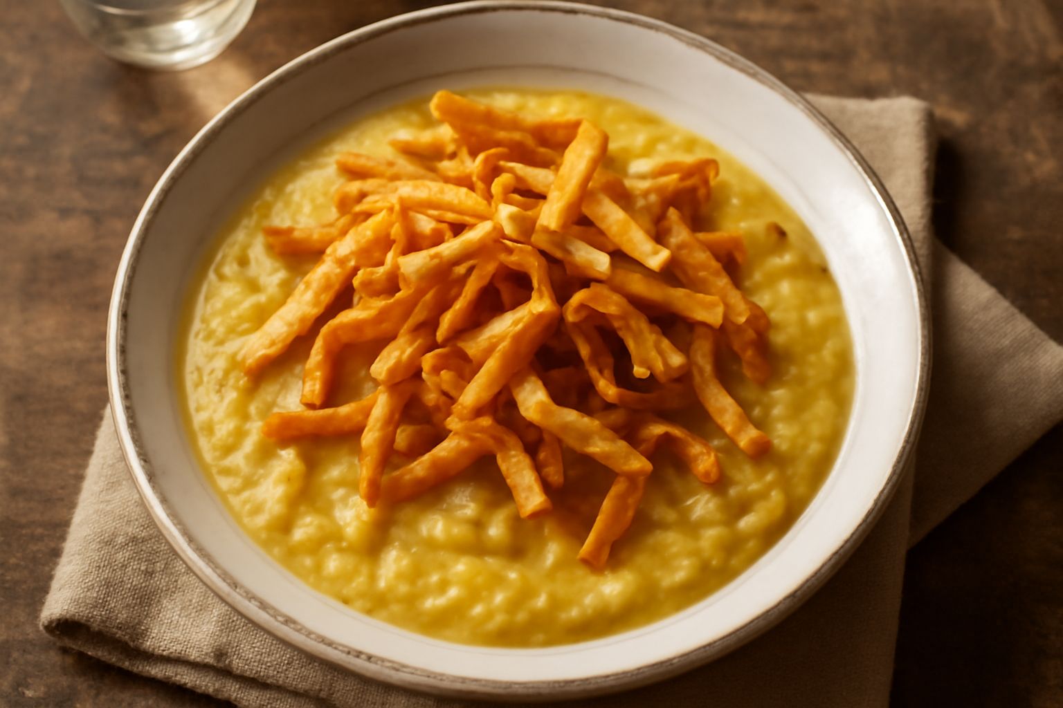 Piatto di fave e tria con crema di fave giallo oro, pezzetti di pasta fritta color marrone dorato sparsi in superficie, cipolla cotta, servito in ciotola bianca con un filo di olio verde