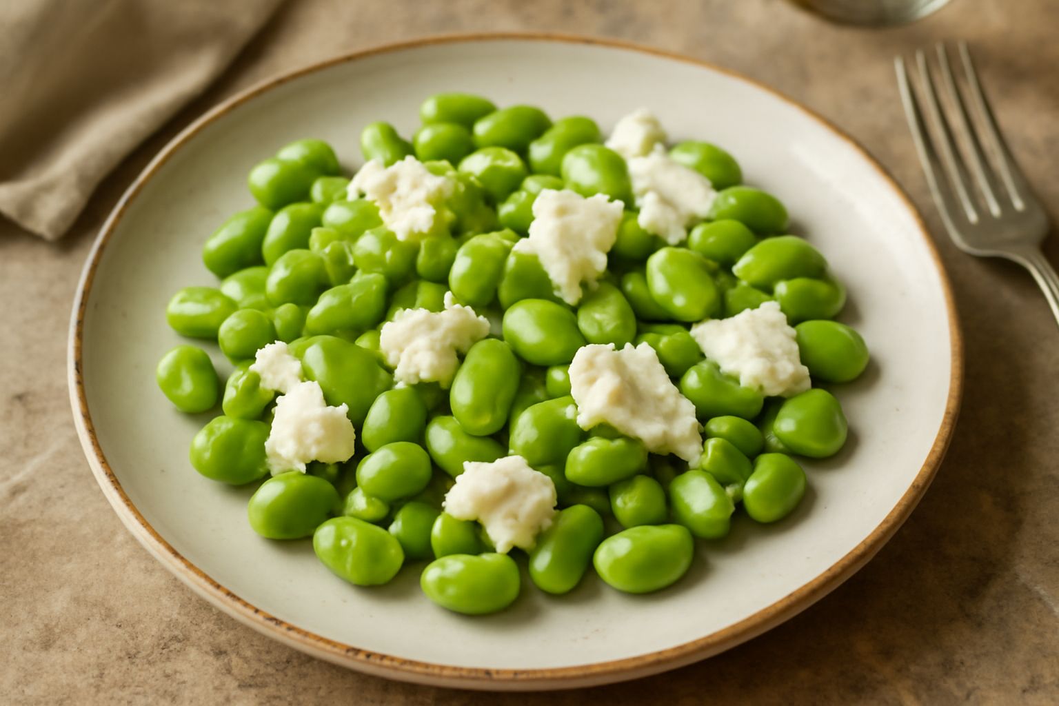 Piatto bianco con fave verdi fresche sgusciate, cubetti di formaggio bianco cremoso, olio d'oliva versato e pane tostato ai bordi