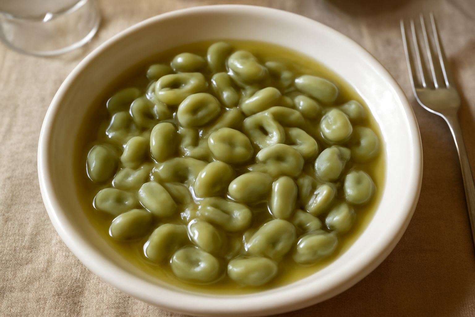 Fave verdi chiaro in umido in una ciotola bianca, con cipolla appena traslucida, olio lucente in superficie e prezzemolo fresco tritato, su un fondo di legno naturale