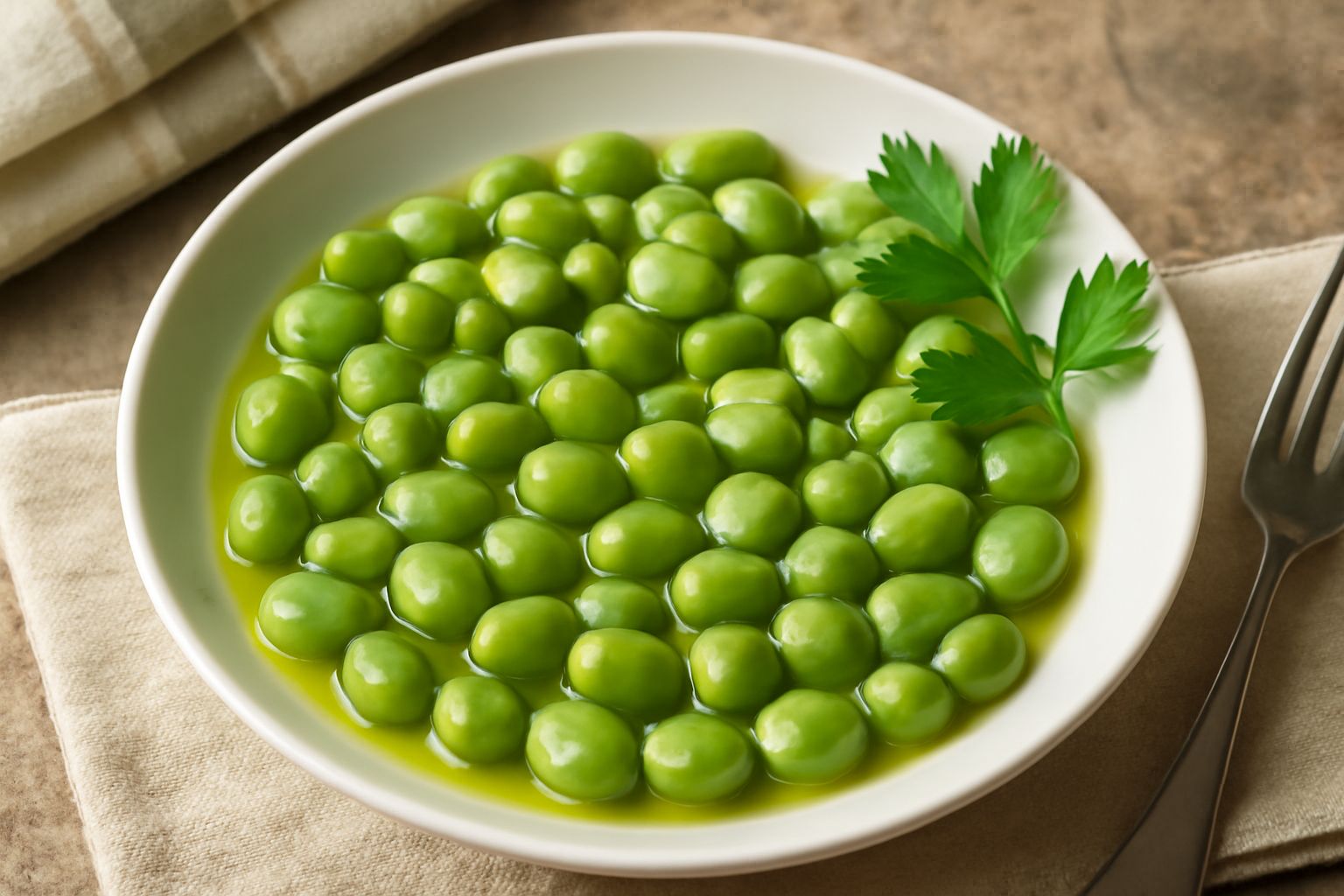 Un piatto bianco con fave fresche lessate di colore verde acceso, leggermente lucide di olio extravergine, cosparte di sale grosso e piccole cipolle bianche crude affettate sottili