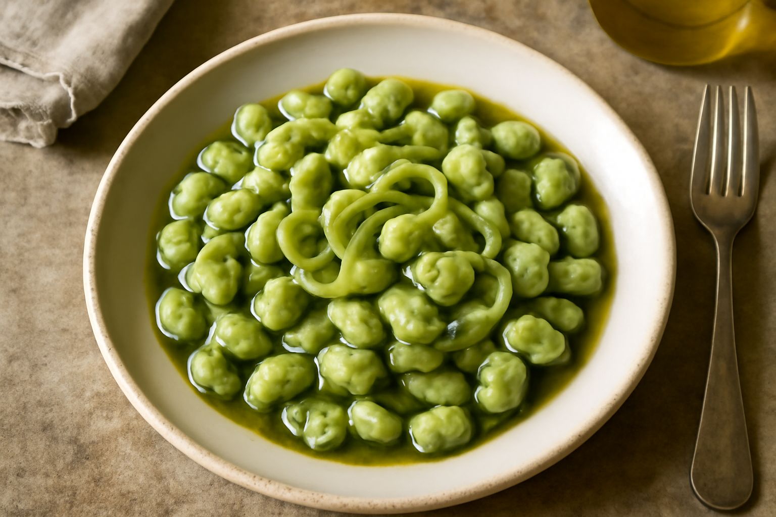 Piatto bianco con fave verdi pallido appena ripassate in padella, cipolla trasparente, leggera patina d'olio lucido, dischi di cipolla visibili, calore ancora evidente sul contorno delle fave
