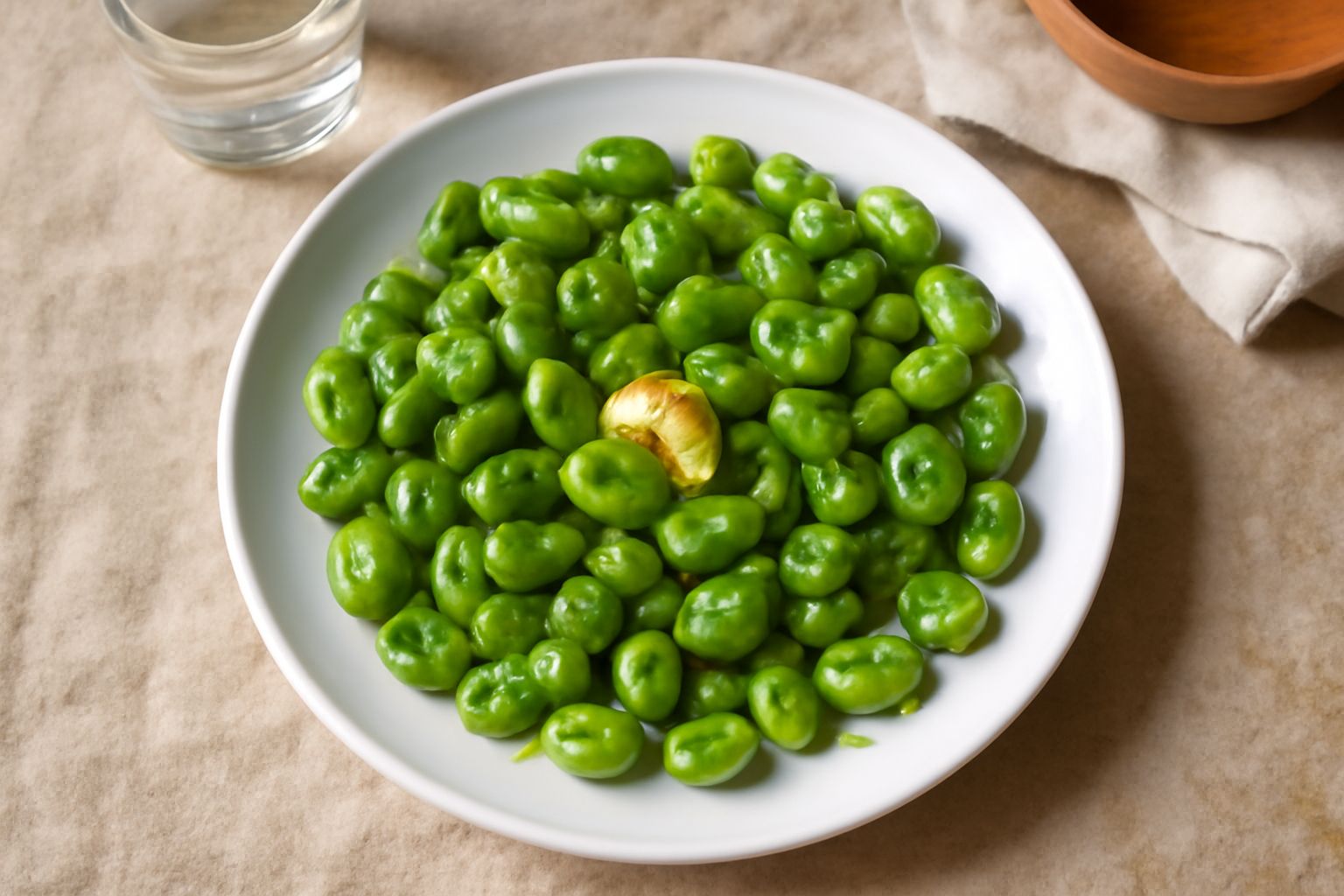 Fave fresche saltate verdi e croccanti in una padella di ferro, con aglio dorato, olio lucido e prezzemolo fresco spolverato, vapore leggero che sale dal piatto