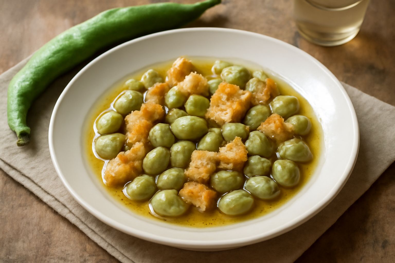 Baccello di fave aperto con semi verde salvia, alcuni con macchie marroni evidenti, poggiato su un tavolo di legno con fave fresche accanto