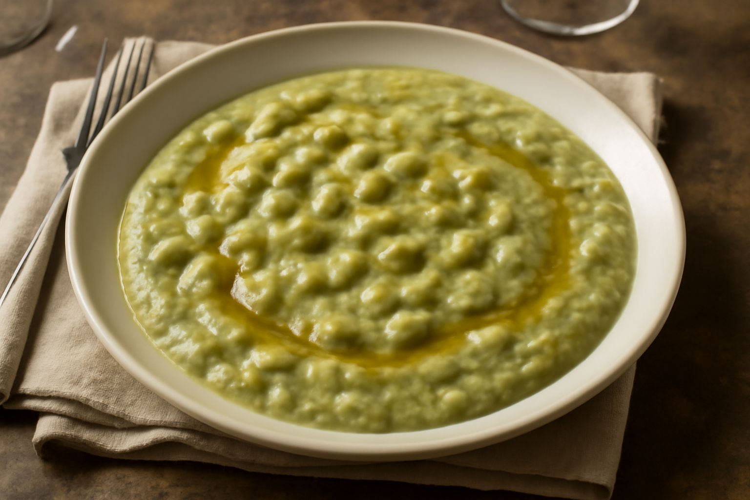 Piatto fondo con fave cremose di color verde-giallo, cipolla cotta morbida, filo di olio d'oliva verde acceso in superficie, servito con pane scuro accanto