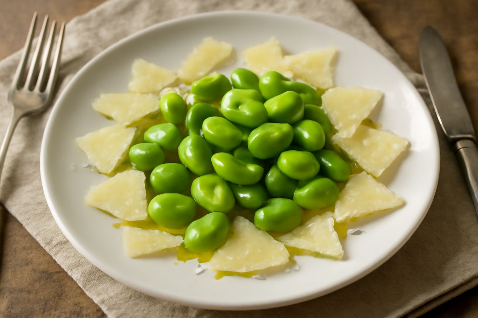 Fave verdi fresche sgusciate disposte in un piatto bianco con scaglie di formaggio pecorino giallo paglierino, un filo di olio verde e grani di sale marino grosso visibili sulla superficie