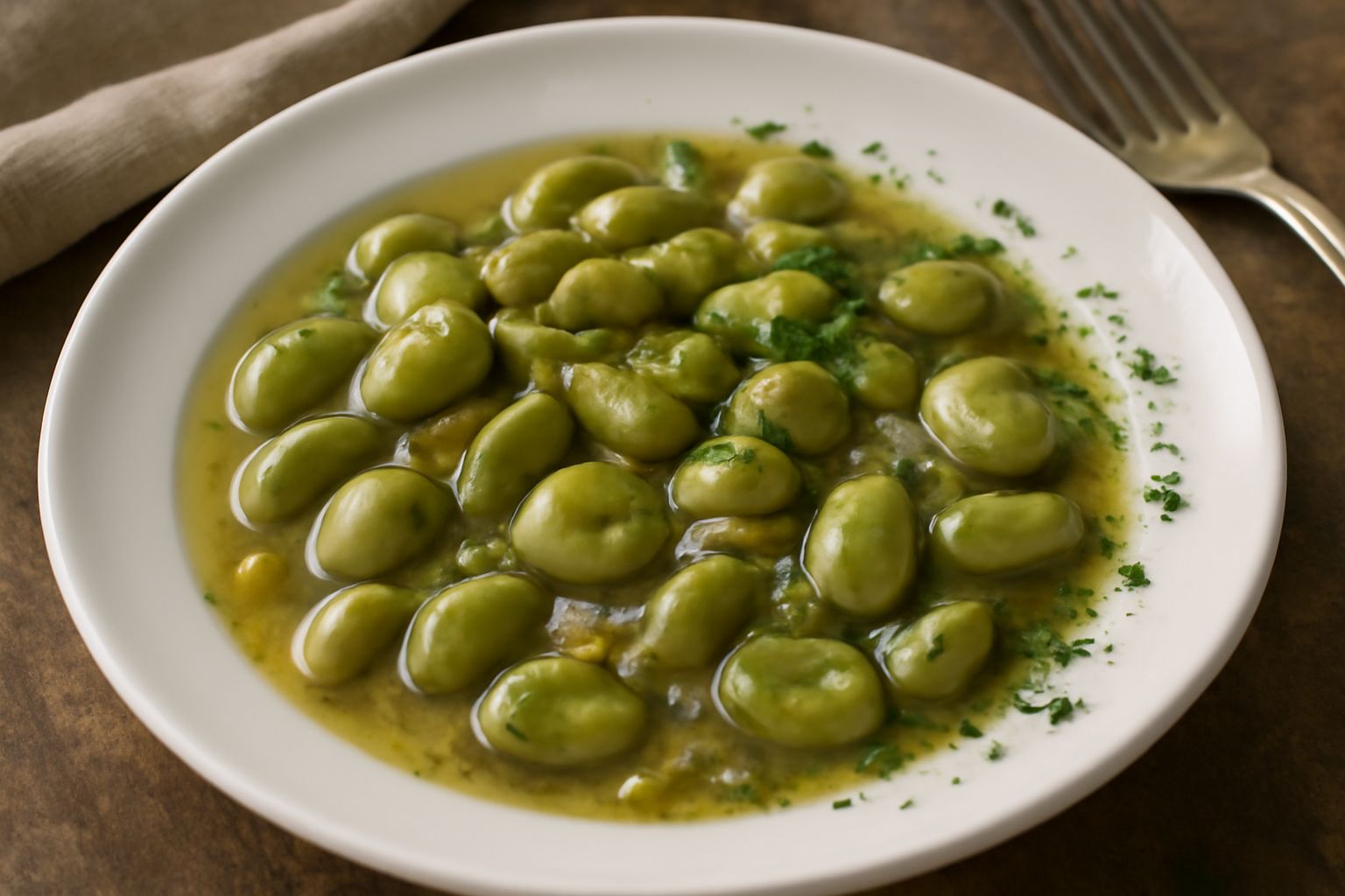 Ciotola bianca con fave verdi cremose in umido, cipolla appena visibile sotto, prezzemolo fresco tritato in superficie, fondo di brodo trasparente, piatto ripresi dall'alto con luce naturale