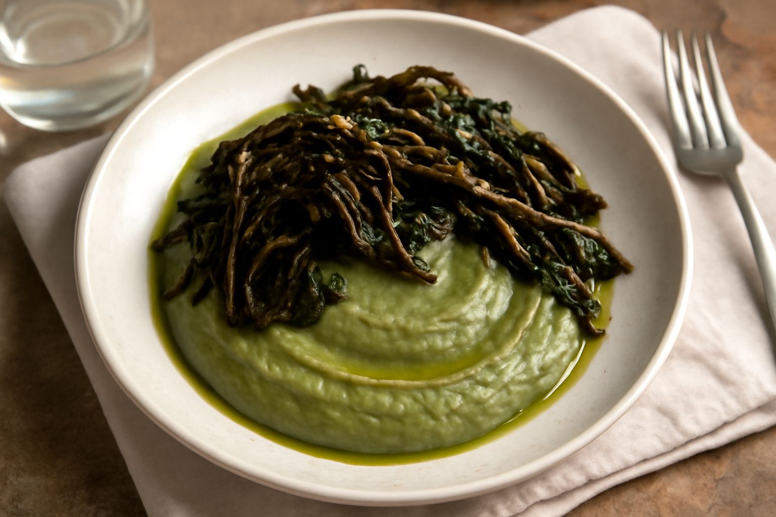 Piatto di ceramica bianca con purè di fave color verde pallido, decorato con cicoria saltata scura ai bordi e un filo di olio verde oliva al centro