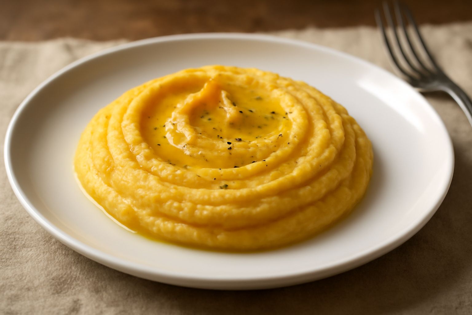 Un piatto bianco con fave ripassate cremose di colore giallo dorato, condite con olio d'oliva verde scuro, pepe nero e un filo d'olio in superficie, accompagnate da crostini di pane tostato