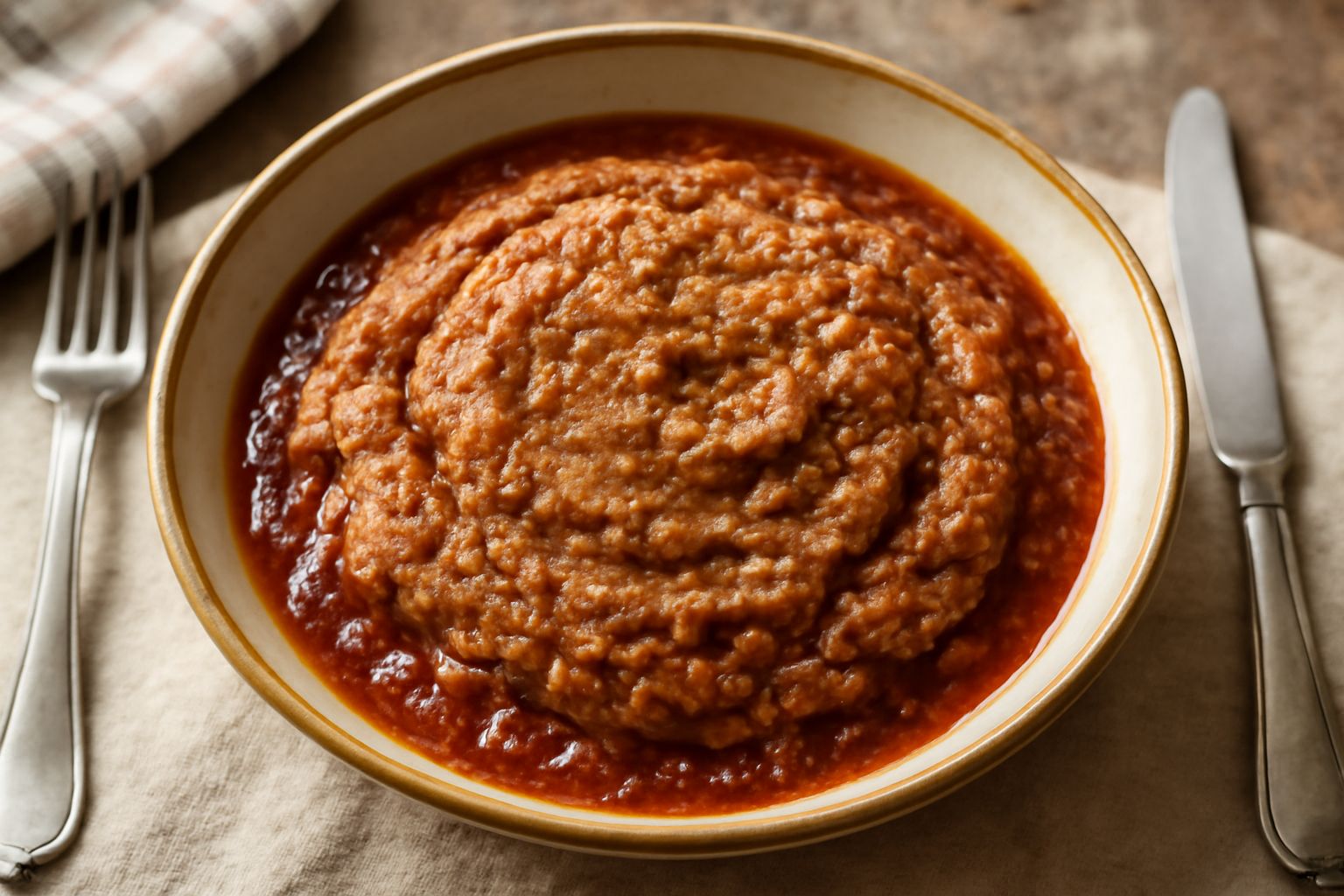 Piatto di ceramica bianca con fave secche cotte in umido di colore marrone scuro, cremose e immerse in sugo rosso di pomodoro, con cipolla caramellata visibile in superficie, guarnito con erba cipolli