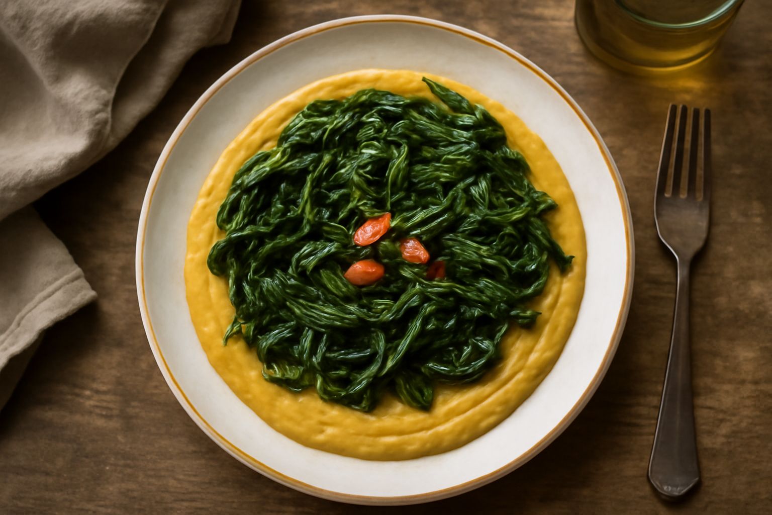 Piatto di fondo bianco con crema di fave giallo oro al centro, cicoria bollita verde scuro sparsa sopra e intorno, un filo di olio verde oliva in superficie, pane tostato a parte