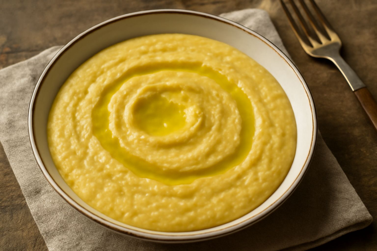 Fave secche cremose color giallo paglierino, sparse in un piatto bianco, condite con olio verde brillante, accompagnate da scorza di limone giallo e foglie di menta fresca