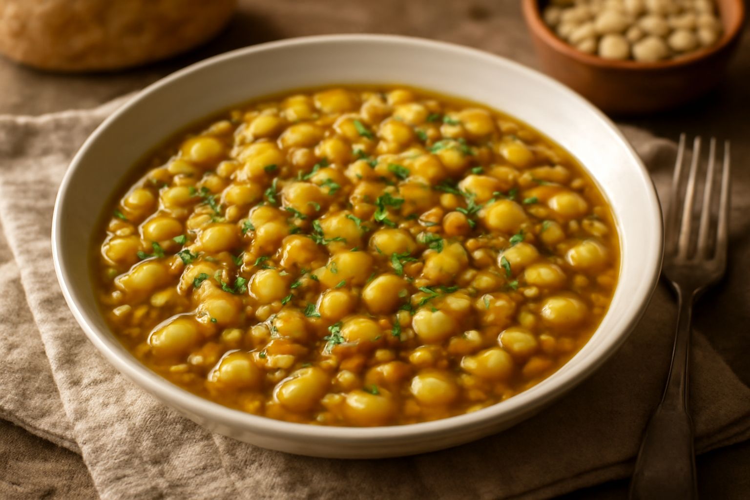 Una ciotola bianca con minestra densa di fave secche color giallo avorio, con macchie di pomodoro rosso e un filo d'olio verde, cucchiaio in acciaio inossidabile.