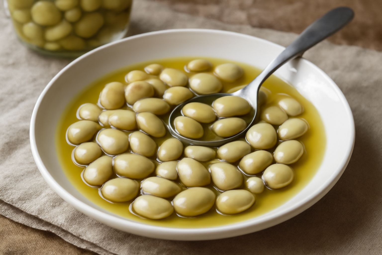 Vasetto di vetro con fave secche cotte, color verde pallido, coperte di olio di oliva trasparente, con un rametto di rosmarino fresco sulla spalla del barattolo, sfondo neutro grigio