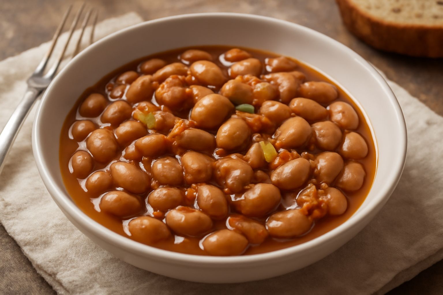 Piatto di fave secche in umido di colore marrone beige con sauce rosso-marrone, cipolla dorata visibile, condite con olio verde oliva, servite in ciotola di ceramica bianca su tavolo di legno