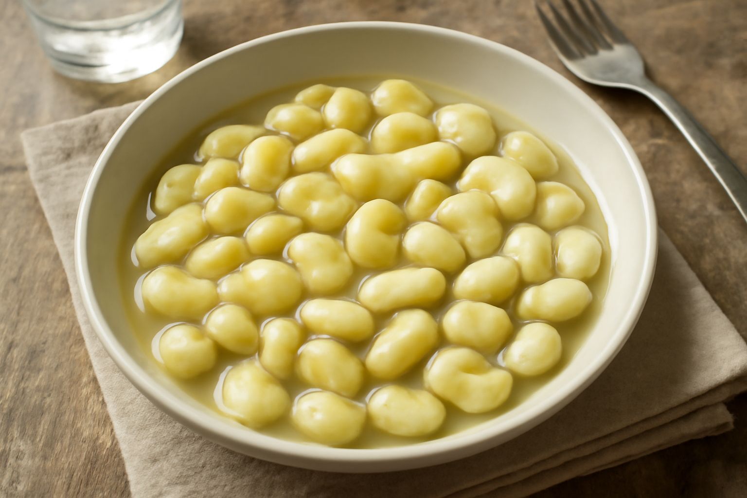 Ciotola di ceramica bianca con fave secche lessate di colore giallo-verde pallido, cremose, condite con olio di oliva, sale e pepe nero macinato fresco, con una foglia di prezzemolo verde in cima