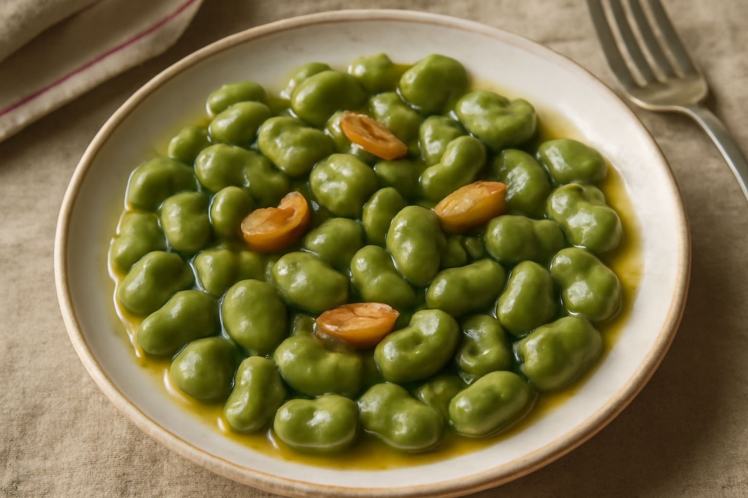 Fave verdes appena sgusciate e cotte in padella di ferro, verde brillante, cosparse di aglio dorato e olio, servite in ciotola bianca con pane tostato accanto