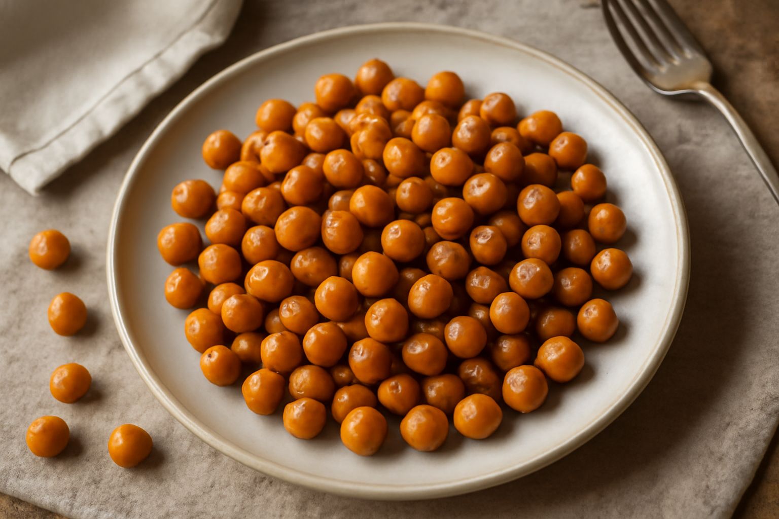Favette di Sant'Antonio tostate in una ciotola di ceramica bianca, color nocciola scuro, sparse su un tavolo di legno con una manciata sparsa accanto