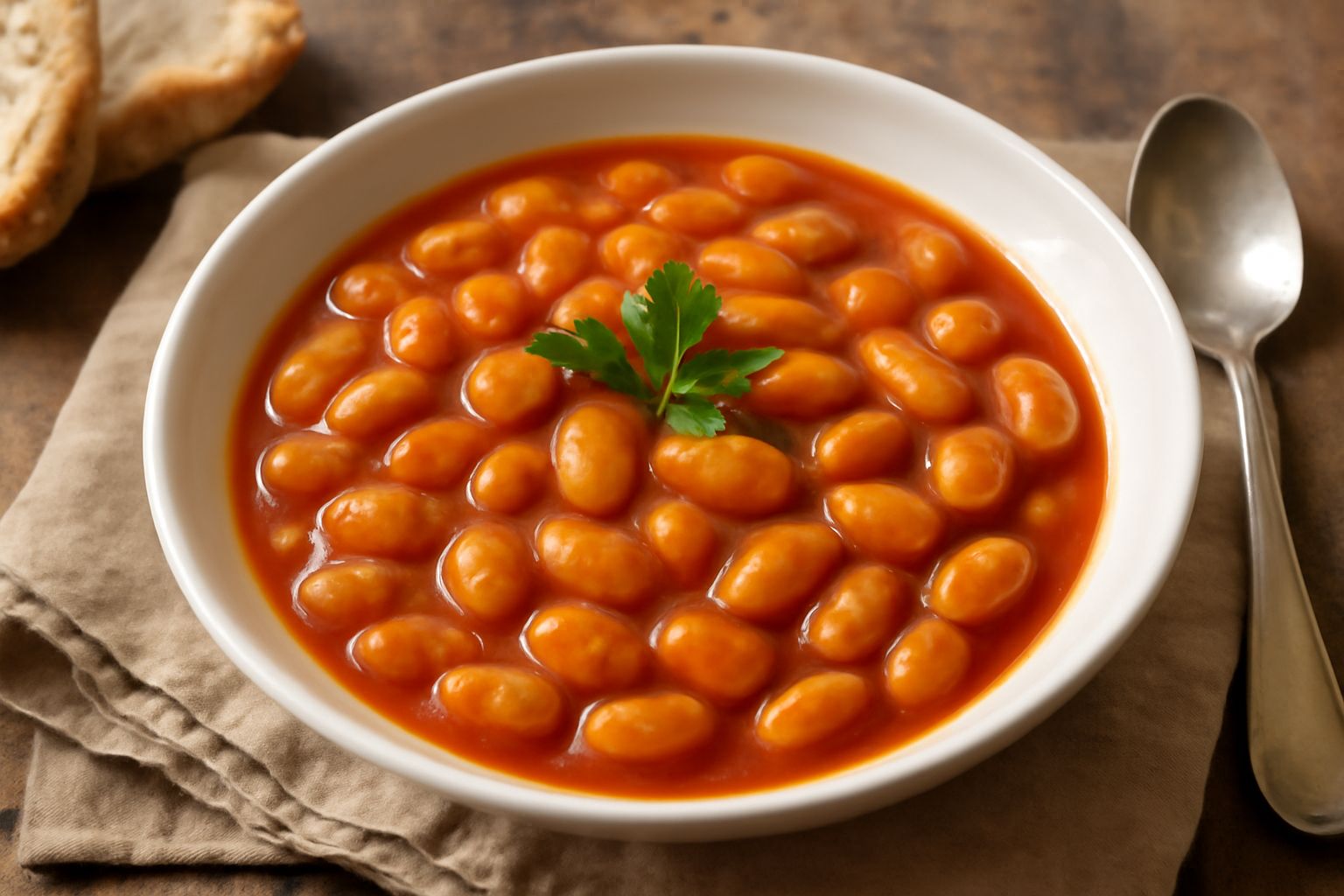 Piatto bianco con favette verdi tenere in salsa rosso-arancio, sparse di prezzemolo fresco, contorno di pane tostato su superficie di legno scuro