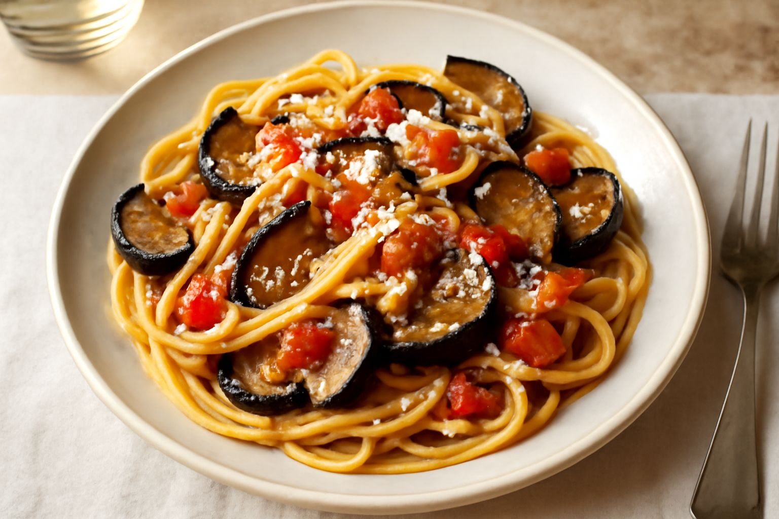 Piatto di pasta alla favorita con melanzane viola scuro fritta, strisce di pomodoro rosso, ricotta salata bianca grattugiata, olio verde brillante, decorazione di basilico fresco verde, impiattamento 